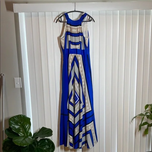 ELIZA J Blue Polka Dot Scarf Print Crepe de Chin Fit & Flare Halter Maxi Dress - Picture 3 of 12